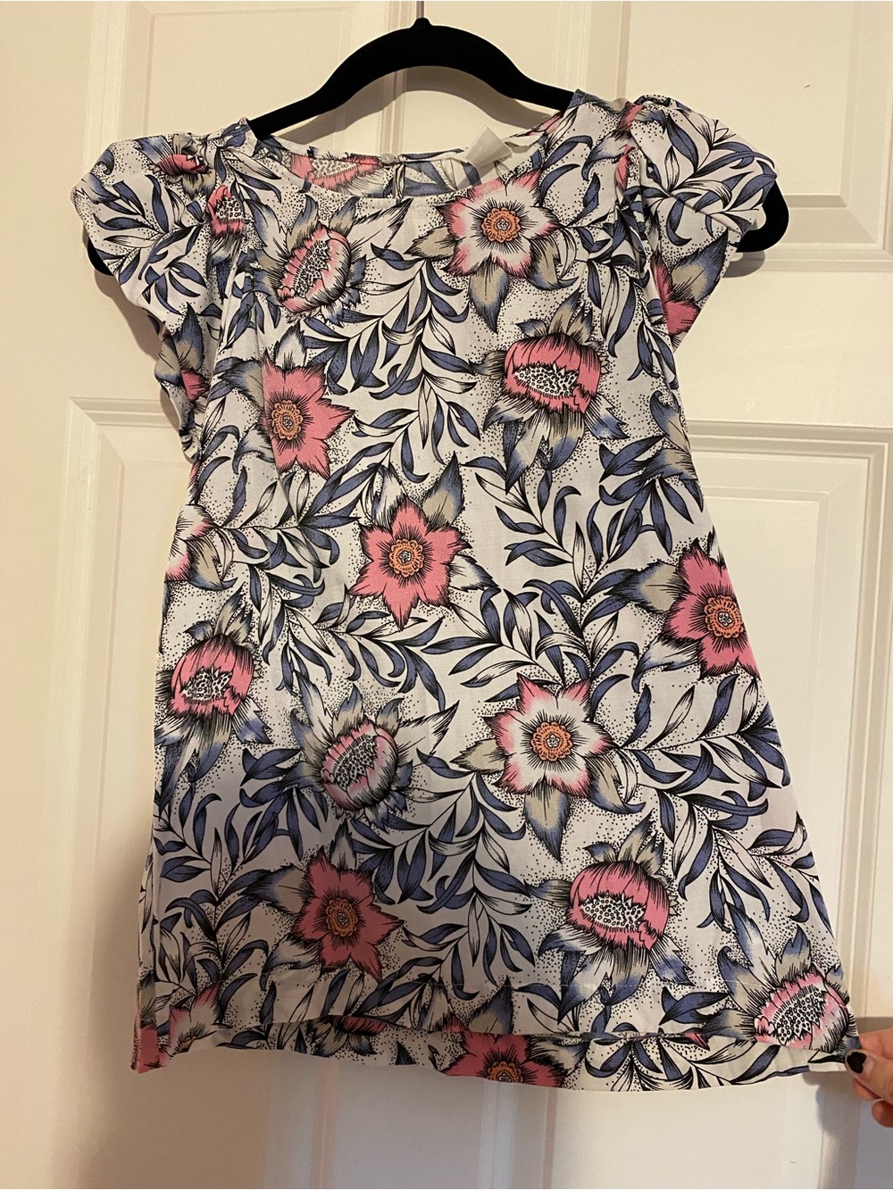 H&M pink blue white orange floral short sleeve blouse, size 6